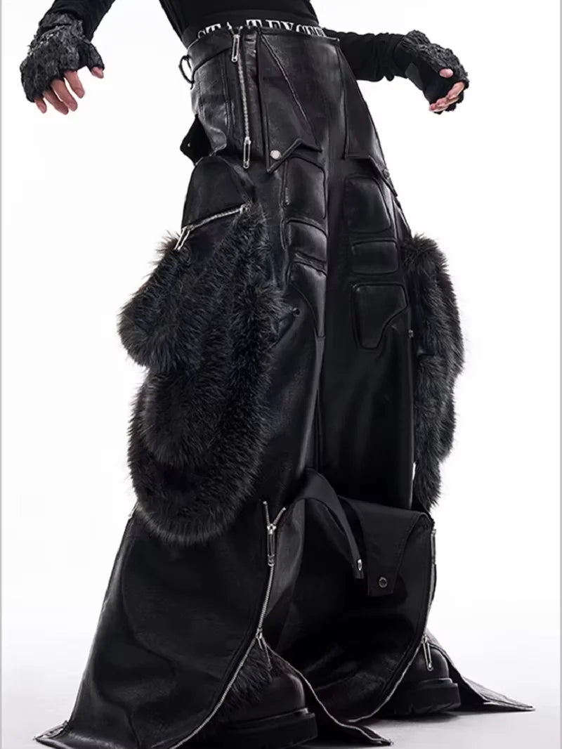Mauroicardi Primavera Otoño Fresco Largo Holgado Negro Pantalones Cargo de Cuero PU Pierna Ancha Hombres Ropa de Lujo de Diseñador Masculina Streetwear 2025