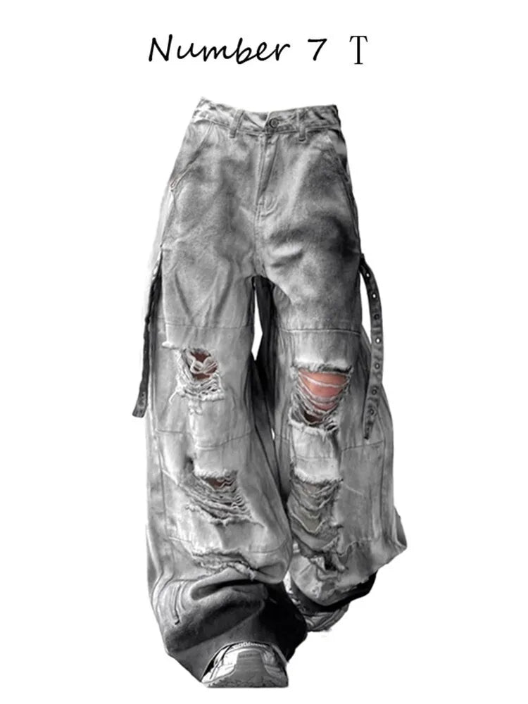 Pantalones Vaqueros de Mujer Americanos de Alta Calle Rasgados Rectos de Pierna Ancha Para Mujer Diseño Tie-Dye Jazz Baile Cargo Vaqueros Completos Finos