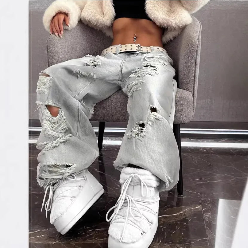 Pantalones Vaqueros de Mujer Americanos de Alta Calle Rasgados Rectos de Pierna Ancha Para Mujer Diseño Tie-Dye Jazz Baile Cargo Vaqueros Completos Finos