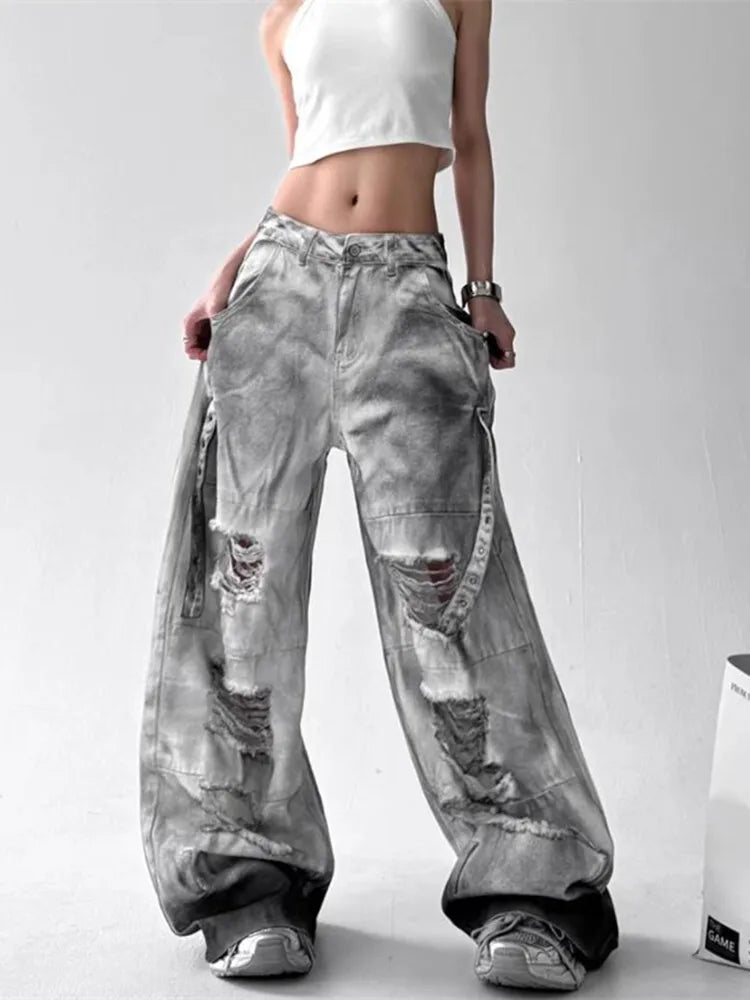 Pantalones Vaqueros de Mujer Americanos de Alta Calle Rasgados Rectos de Pierna Ancha Para Mujer Diseño Tie-Dye Jazz Baile Cargo Vaqueros Completos Finos