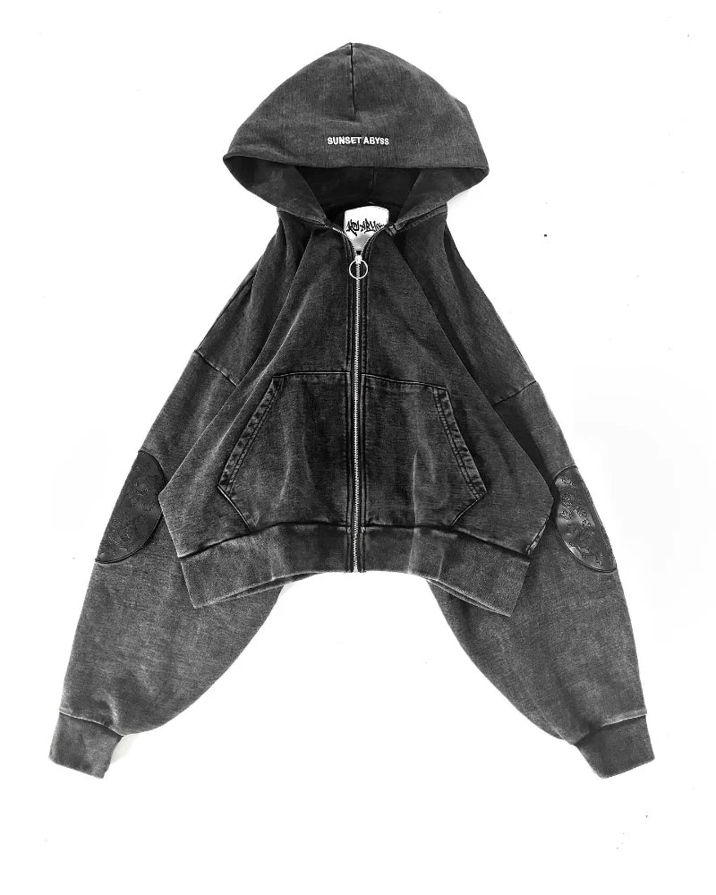 Sudadera con capucha para hombre gótica lavada bordada retro hip-hop Y2k con cremallera, sudadera a la moda de calle, de algodón puro, ropa deportiva para parejas con sobrepeso