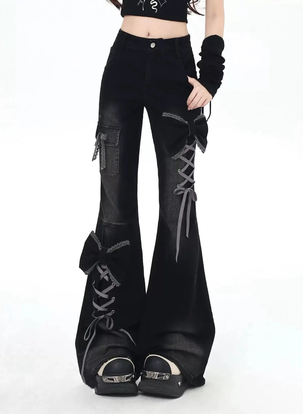 Vaqueros Y2K para mujer Diseño 3D Cintura alta Ajuste slim Pantalones acampanados Chica picante