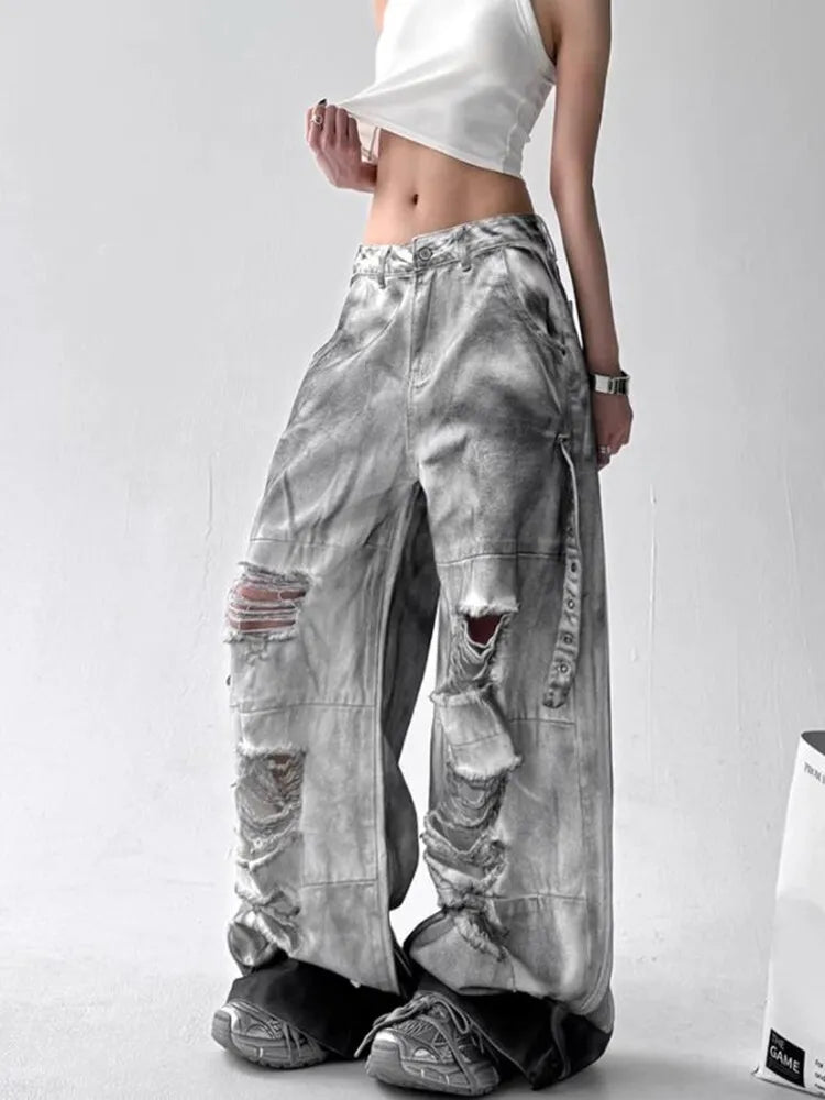 Pantalones Vaqueros de Mujer Americanos de Alta Calle Rasgados Rectos de Pierna Ancha Para Mujer Diseño Tie-Dye Jazz Baile Cargo Vaqueros Completos Finos