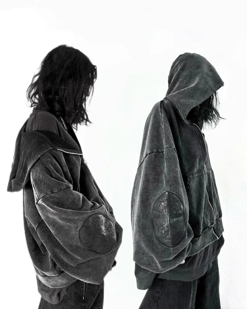 Sudadera con capucha para hombre gótica lavada bordada retro hip-hop Y2k con cremallera, sudadera a la moda de calle, de algodón puro, ropa deportiva para parejas con sobrepeso