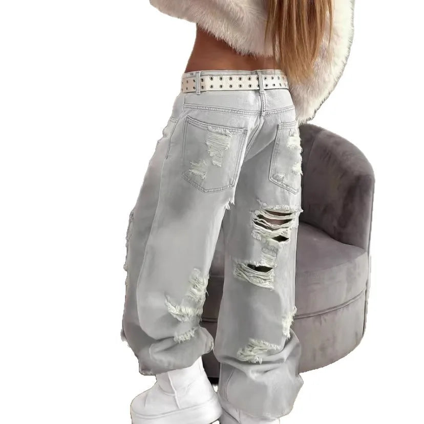 Pantalones Vaqueros de Mujer Americanos de Alta Calle Rasgados Rectos de Pierna Ancha Para Mujer Diseño Tie-Dye Jazz Baile Cargo Vaqueros Completos Finos