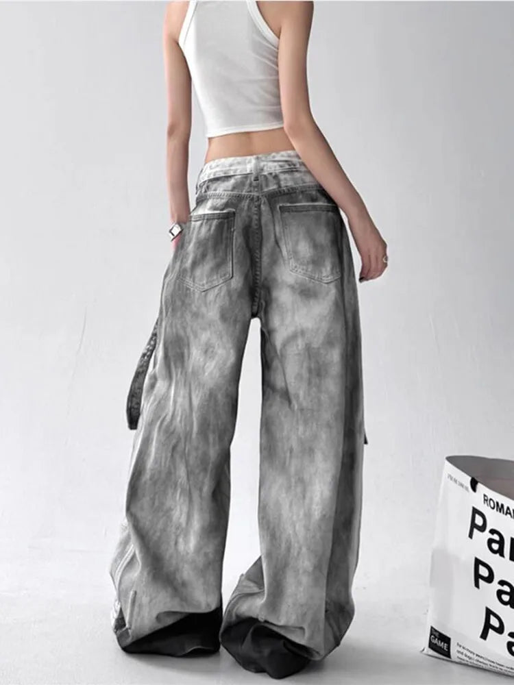 Pantalones Vaqueros de Mujer Americanos de Alta Calle Rasgados Rectos de Pierna Ancha Para Mujer Diseño Tie-Dye Jazz Baile Cargo Vaqueros Completos Finos