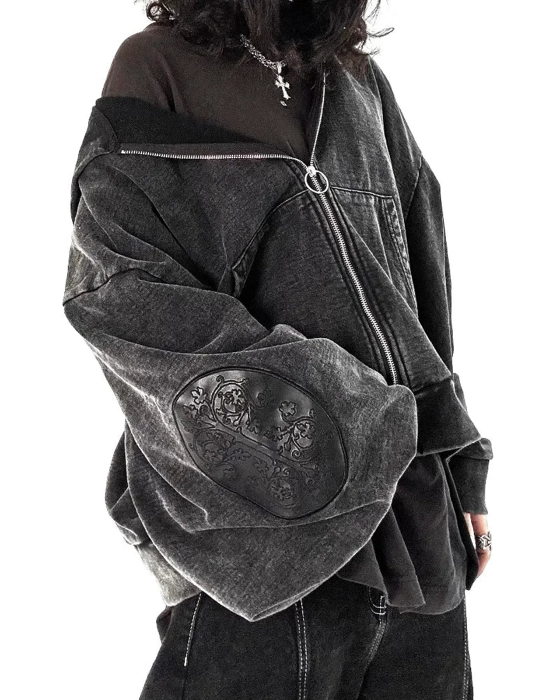Sudadera con capucha para hombre gótica lavada bordada retro hip-hop Y2k con cremallera, sudadera a la moda de calle, de algodón puro, ropa deportiva para parejas con sobrepeso