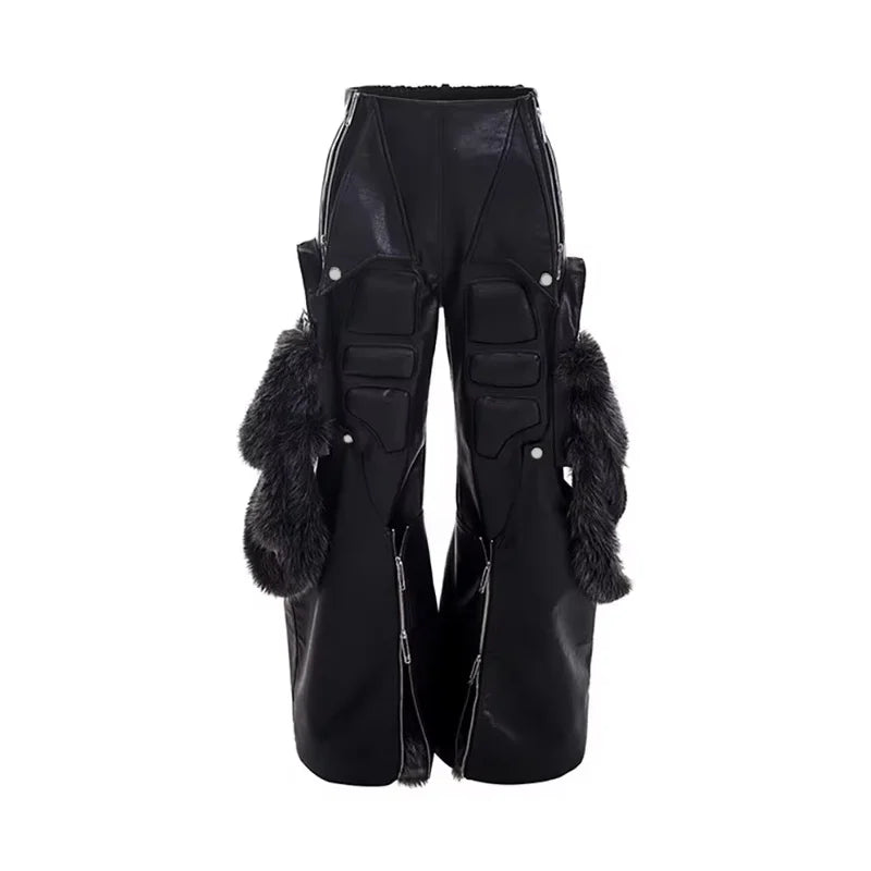 Mauroicardi Primavera Otoño Fresco Largo Holgado Negro Pantalones Cargo de Cuero PU Pierna Ancha Hombres Ropa de Lujo de Diseñador Masculina Streetwear 2025