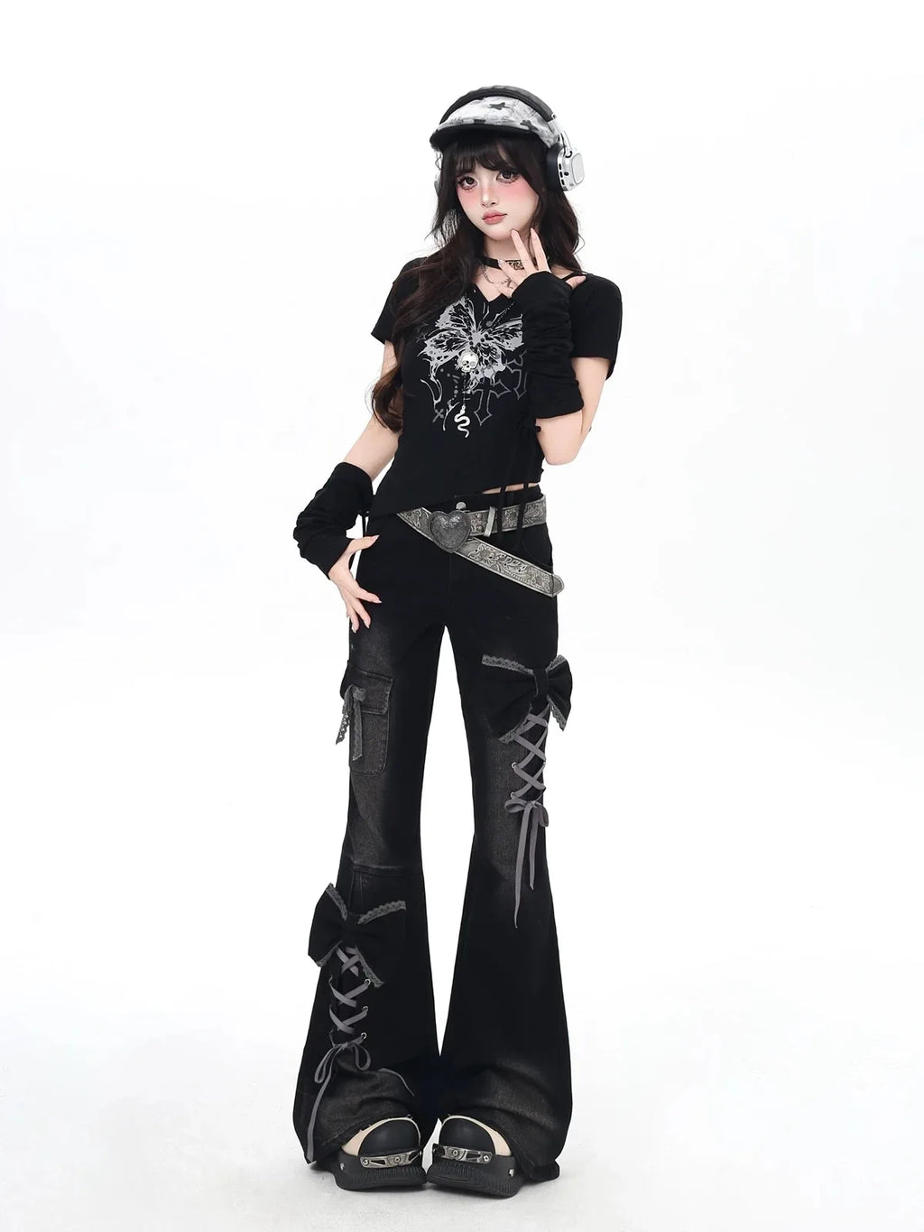 Vaqueros Y2K para mujer Diseño 3D Cintura alta Ajuste slim Pantalones acampanados Chica picante