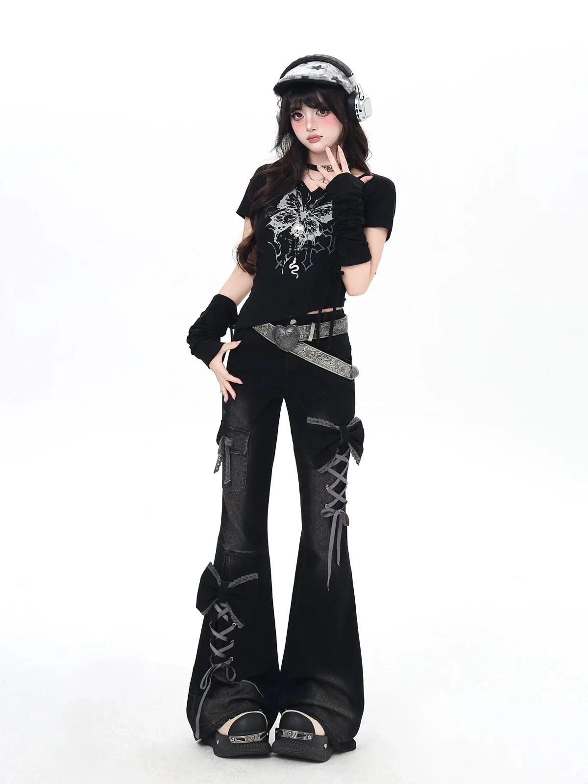 Vaqueros Y2K para mujer Diseño 3D Cintura alta Ajuste slim Pantalones acampanados Chica picante