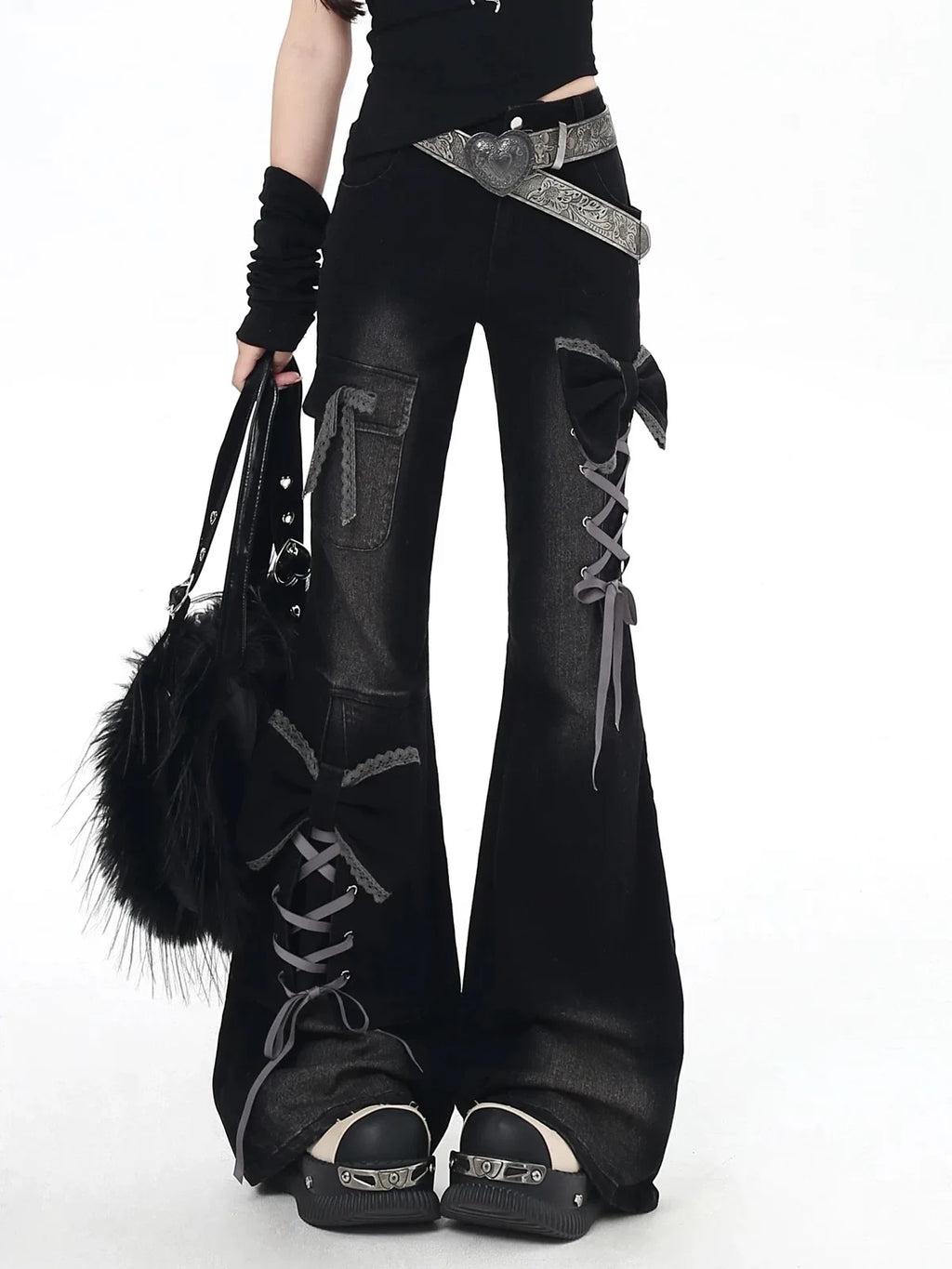 Vaqueros Y2K para mujer Diseño 3D Cintura alta Ajuste slim Pantalones acampanados Chica picante