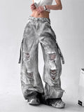 Pantalones Vaqueros de Mujer Americanos de Alta Calle Rasgados Rectos de Pierna Ancha Para Mujer Diseño Tie-Dye Jazz Baile Cargo Vaqueros Completos Finos
