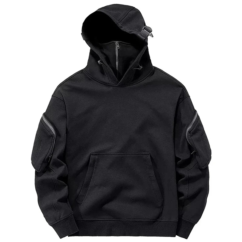 Sudaderas con cremallera para hombre Techwear Dark Souls Cyberpunk con capucha, cuello alto, mascarilla, a prueba de viento, pullovers, tops cargo negro oscuro