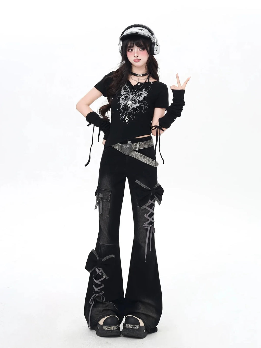 Vaqueros Y2K para mujer Diseño 3D Cintura alta Ajuste slim Pantalones acampanados Chica picante