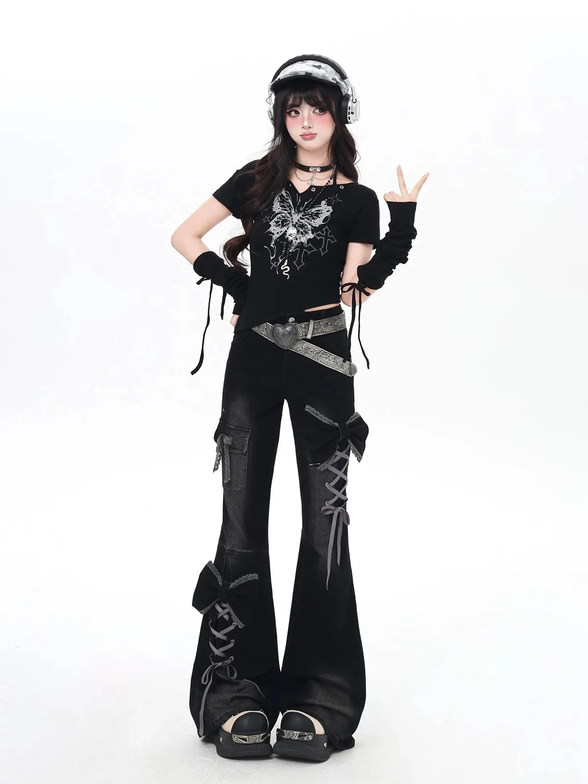 Vaqueros Y2K para mujer Diseño 3D Cintura alta Ajuste slim Pantalones acampanados Chica picante