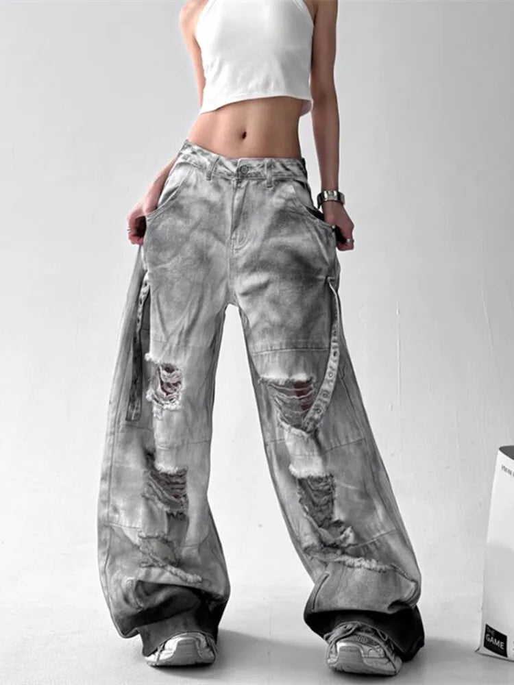 Pantalones Vaqueros de Mujer Americanos de Alta Calle Rasgados Rectos de Pierna Ancha Para Mujer Diseño Tie-Dye Jazz Baile Cargo Vaqueros Completos Finos