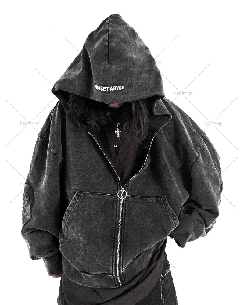 Sudadera con capucha para hombre gótica lavada bordada retro hip-hop Y2k con cremallera, sudadera a la moda de calle, de algodón puro, ropa deportiva para parejas con sobrepeso