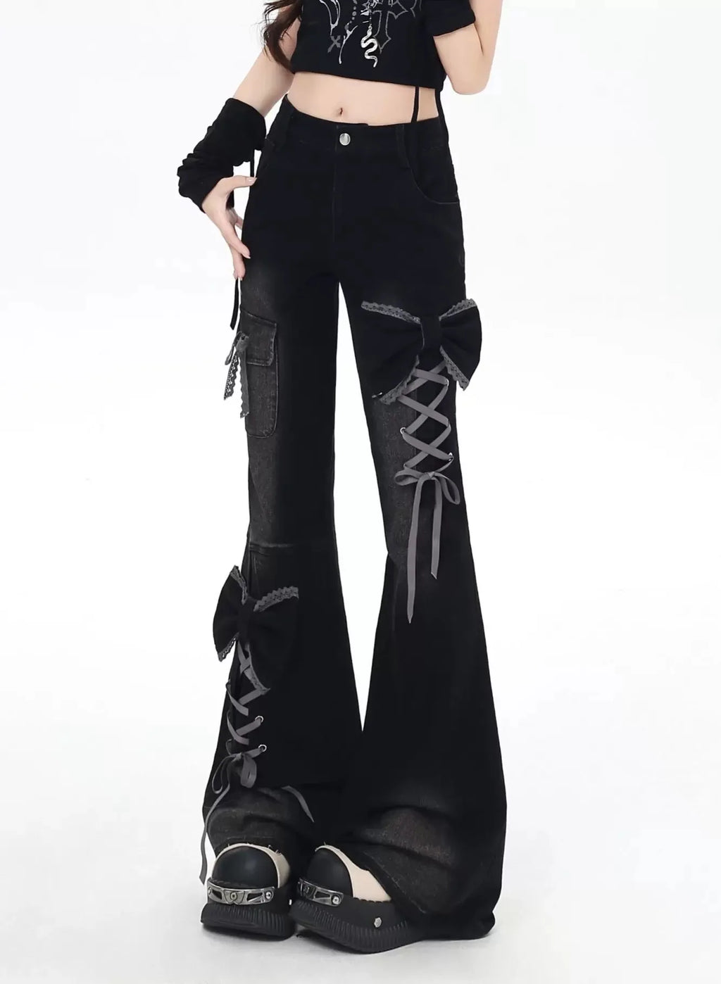 Vaqueros Y2K para mujer Diseño 3D Cintura alta Ajuste slim Pantalones acampanados Chica picante